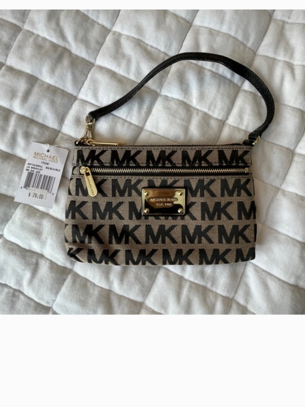 Michael Kors Tan and Black MK Logo Wristlet with Gold Hardware
